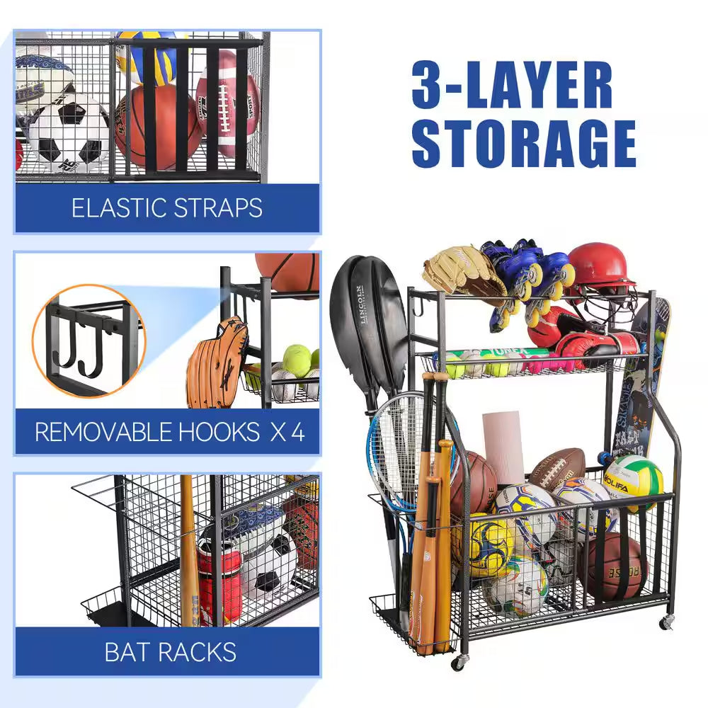 154 Lbs. Weight Capacity Sports Organizers Rack with Wheels for Garage