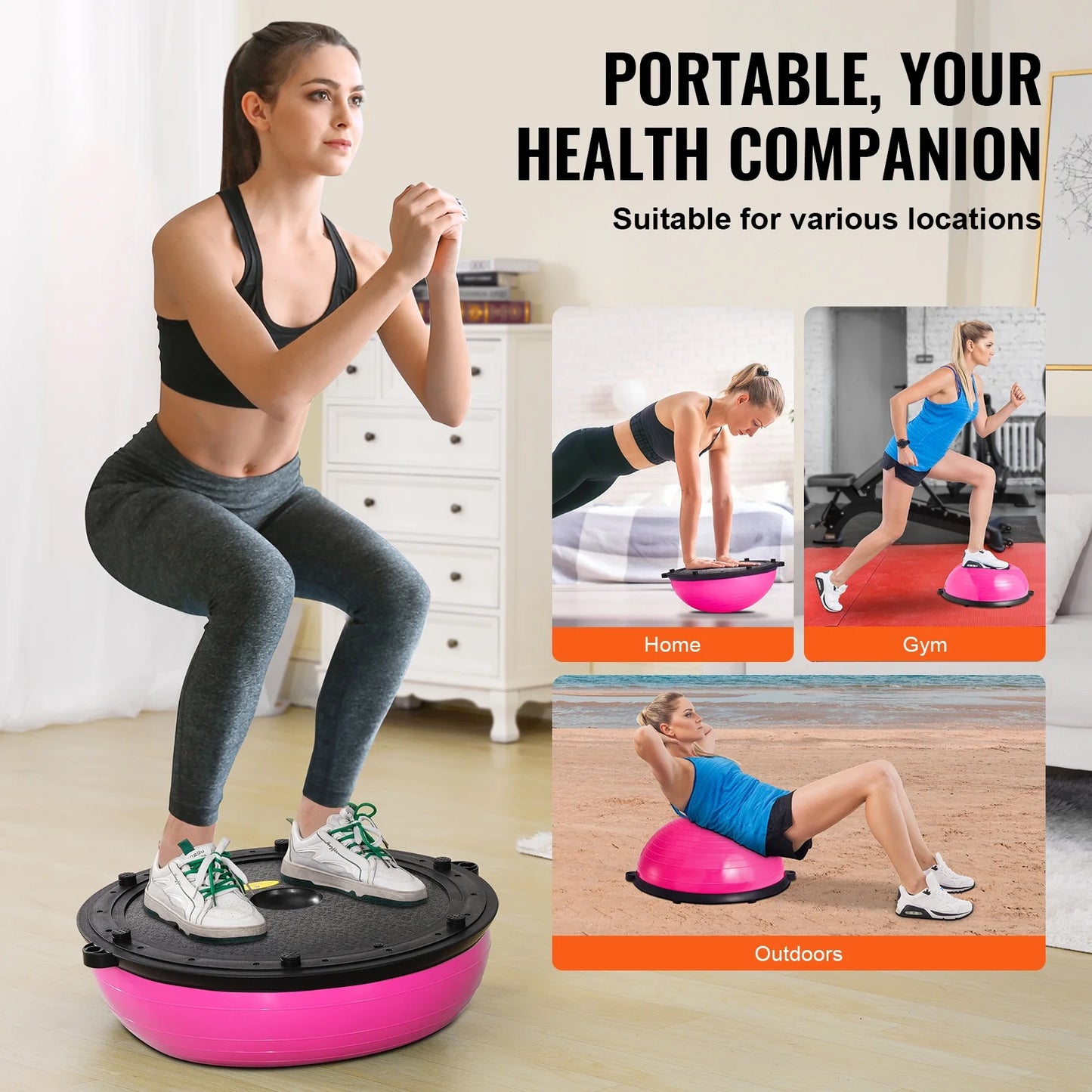 Half Balance Ball Trainer, 23-Inch Stability Ball with a 660Lbs Weight Limit, Includes Resistance Bands & Foot Pump for a Comprehensive Home Gym Experience, Ideal for Full Body Fitness, Pink