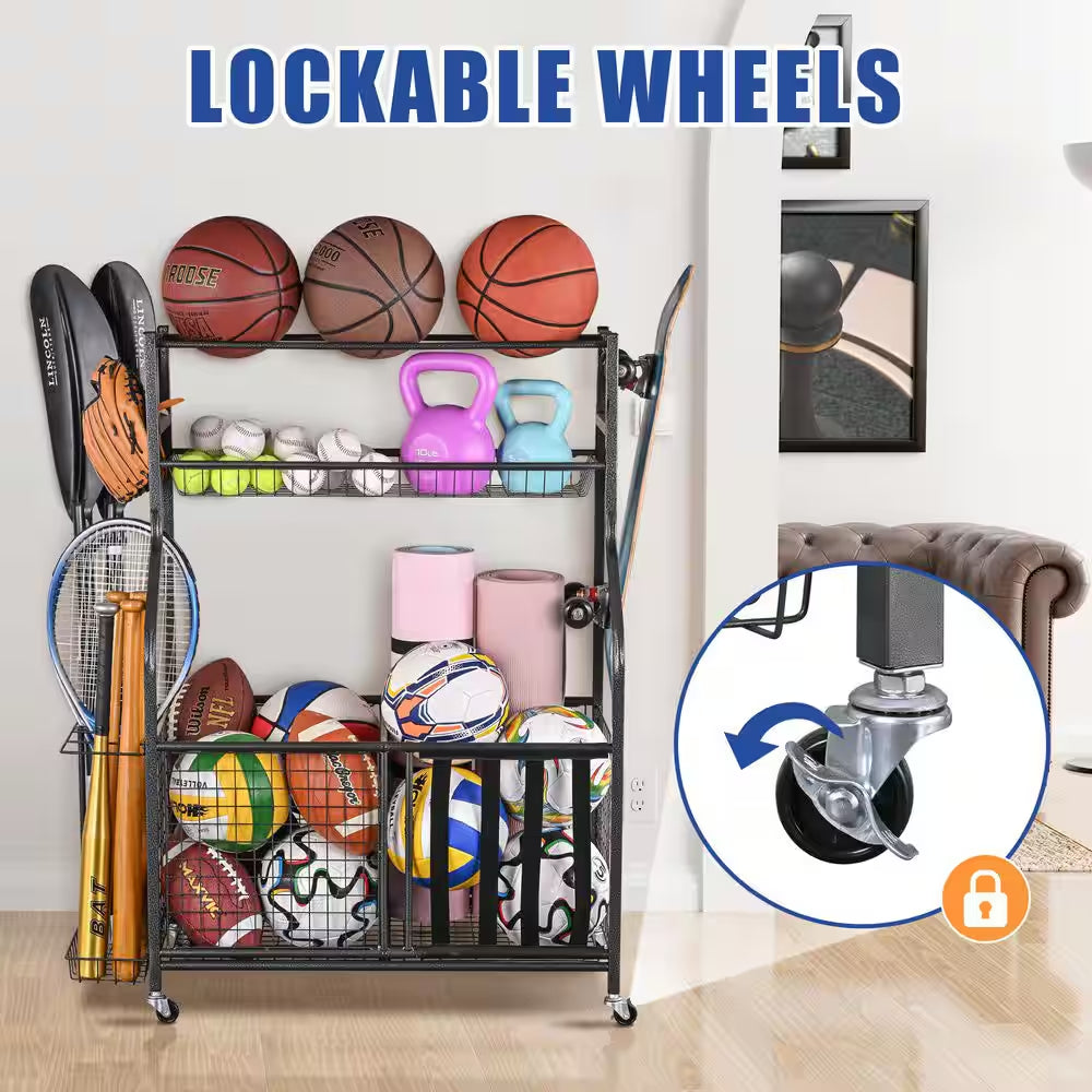 154 Lbs. Weight Capacity Sports Organizers Rack with Wheels for Garage