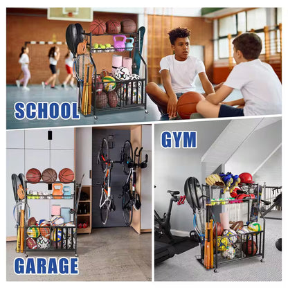 154 Lbs. Weight Capacity Sports Organizers Rack with Wheels for Garage