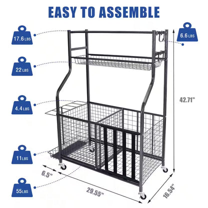 154 Lbs. Weight Capacity Sports Organizers Rack with Wheels for Garage